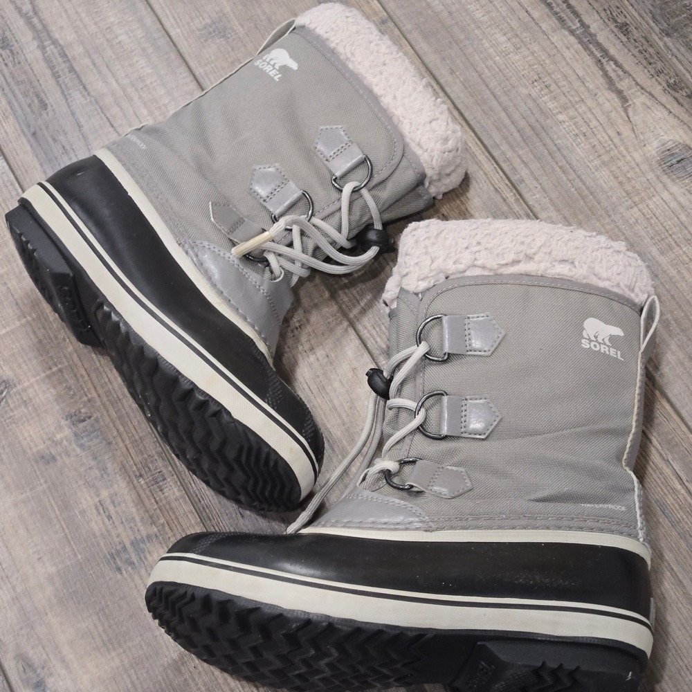 Sorel Yoot Pac Nylon Waterproof Winter Snow Boots Grey Black NY1962-053 Kids 4